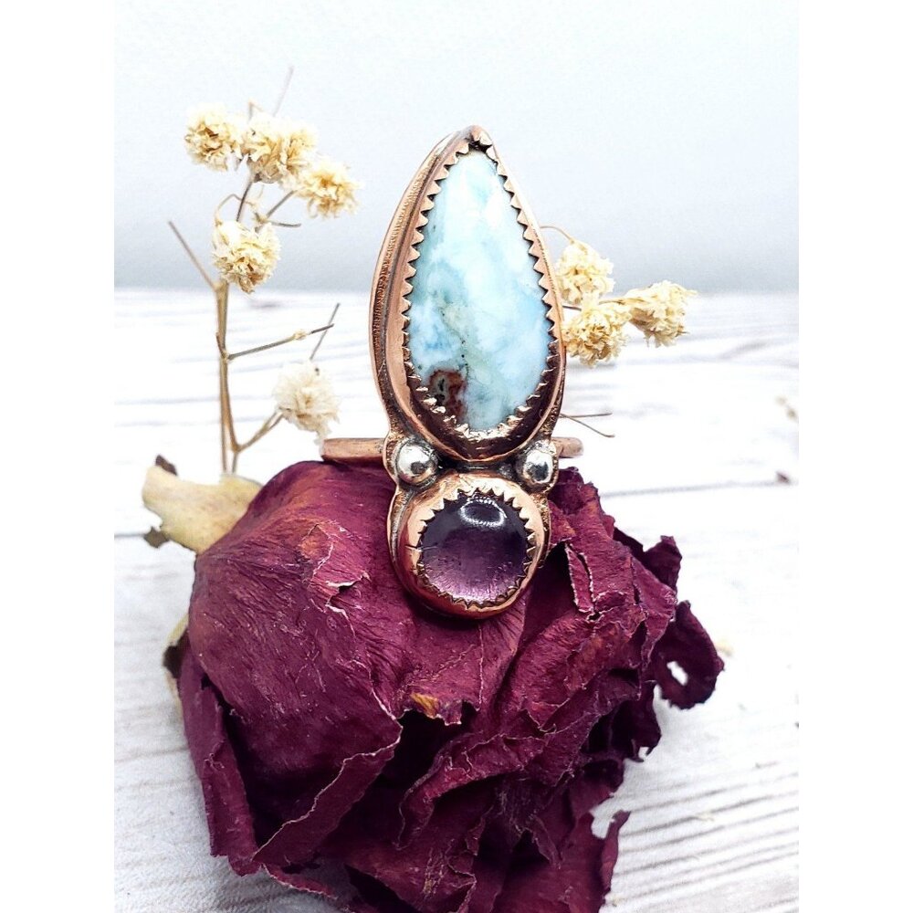 Amethyst and Larmiar Crystal Statement Ring Handmade Copper Jewelry Boho - Picture 3 of 12